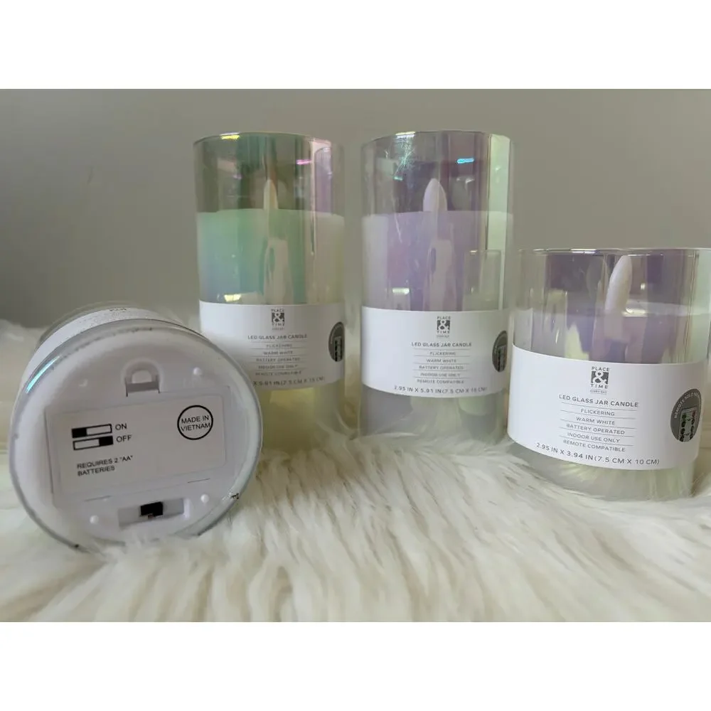 Place & Time LED Glass Jar Iridescent Clear Candles (4) NEW Flameless Candle HTF